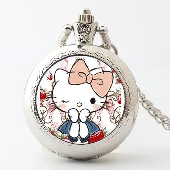 Risanka Sanrio Serije Hello Kitty žepna ura Ogrlica Visi Vratu; Odprete Uro Obračanja Moških in Žensk Srčkan Preprost Nakit 1