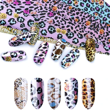 16pcs Holografski Folije Leopard Prenos Nalepke Cvet Mix Design Zvezdnato Papir Manikura Zaviti Samolepilne Nalepke Nohtov DIY