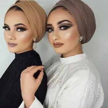 2020 Muslimanske Ženske Nabran Hidžab Trdna Bombaž Islamske Headscarf Instant Šal femme foulard musulman Zaviti Hijabs Turban 0