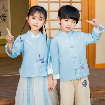 2022 Novo Otrok Tang bo Ustrezala Hanfu Modra, Dvo-Delni Set Žerjav Vezenje Fant in Dekle Obleko Osnovne Šole Razred Enotno Jeseni 2