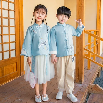 2022 Novo Otrok Tang bo Ustrezala Hanfu Modra, Dvo-Delni Set Žerjav Vezenje Fant in Dekle Obleko Osnovne Šole Razred Enotno Jeseni 3