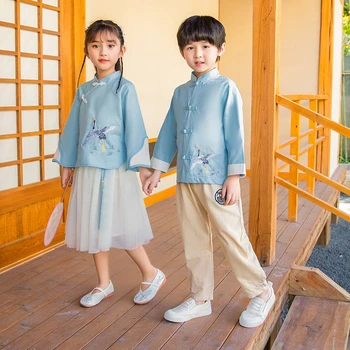 2022 Novo Otrok Tang bo Ustrezala Hanfu Modra, Dvo-Delni Set Žerjav Vezenje Fant in Dekle Obleko Osnovne Šole Razred Enotno Jeseni 4