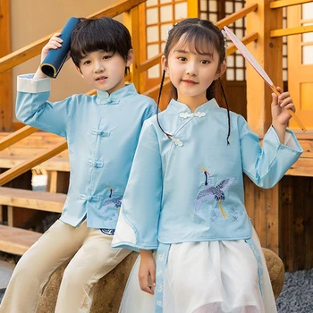 2022 Novo Otrok Tang bo Ustrezala Hanfu Modra, Dvo-Delni Set Žerjav Vezenje Fant in Dekle Obleko Osnovne Šole Razred Enotno Jeseni 5