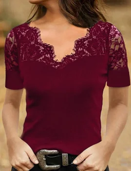 2022 Ženske Poletje Moda Kratke Rokave Priložnostne Slim Fit Bluze Plus Velikost Majica Barva Seksi Šivanje Čipke Proti-Vrat Vrhovi 1