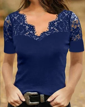 2022 Ženske Poletje Moda Kratke Rokave Priložnostne Slim Fit Bluze Plus Velikost Majica Barva Seksi Šivanje Čipke Proti-Vrat Vrhovi 2