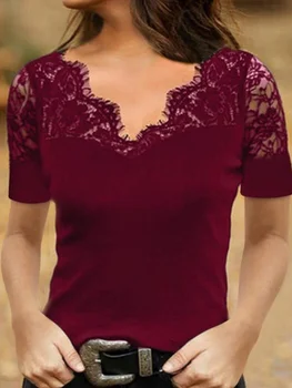 2022 Ženske Poletje Moda Kratke Rokave Priložnostne Slim Fit Bluze Plus Velikost Majica Barva Seksi Šivanje Čipke Proti-Vrat Vrhovi 3