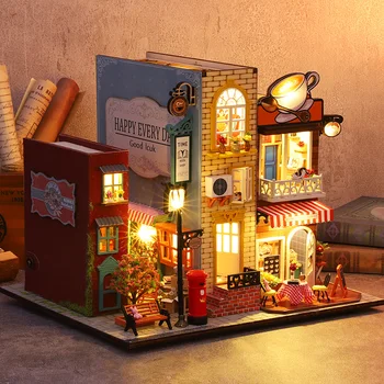 DIY Knjiga Kotiček Miniature Polico Vstavite Bookend Lutke Model Roombox Stavba Kit Leseno Polico Igrače Darila 3D Hiša Za Otroke