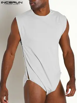 INCERUN Moških Bodysuits Pižamo O-vratu brez Rokavov Dihanje Homewear Bodysuit Gumb Barva 2022 Casual Moški, igralne obleke S-5XL 0