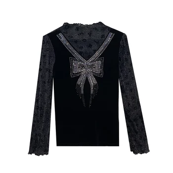 Moda Priložnostne Dolgimi Rokavi Ženske Vrhovi Novo 2023 Jeseni Turtleneck Mozaik Diamanti Lok Black T-Shirt Plus Velikost Oblačila 3