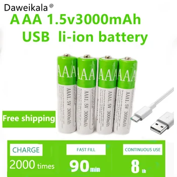 New2021 USB AAA Polnilne Baterije 1,5 V 3000 mAh li-ionska baterija za daljinski upravljalnik mouseElectric igrača baterija + Tip-C Kabel