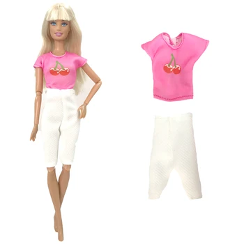 NK 1 Kos Nova Lutka Moda Obleko, Roza Srajco Sadje, Cherry Vzorec + Bele Kratke Trouseres za Barbie Lutka Pribor 288B 4X