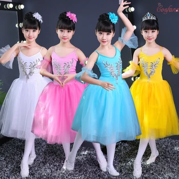 Otroci Klasični Balet Tutu Otrok Swan Lake Kostume Bela Ballerine Obleko Dolgo Til Balet Obleko Dekleta Dvorana Plesno Obleko 0