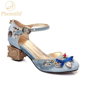 Phoentin blue velvet mary jane čevlji cvetje v obliki srca dekoracijo čudno kovinske pete metulj vozel sponke črpalke čevlji FT268