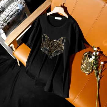 Poletje ženska oblačila Nov Modni korejski vroče vrtanje fox tiskanje kratek sleeved majica s kratkimi rokavi ženske Prosti čas razsuta Diamanti vrhovi 0