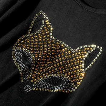 Poletje ženska oblačila Nov Modni korejski vroče vrtanje fox tiskanje kratek sleeved majica s kratkimi rokavi ženske Prosti čas razsuta Diamanti vrhovi 4