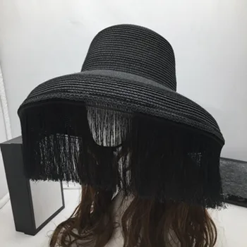Retro klobuki black tassel fazi big prva ženska sonce klobuk fashion show malo sonce klobuk in skrivnost obraza