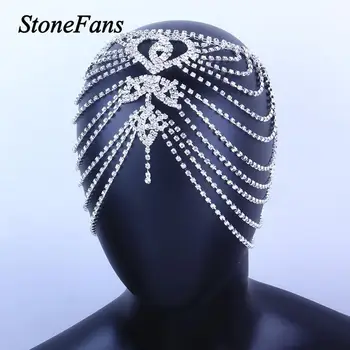 Stonefans Luksuzni Nosorogovo Čelo Nakit Indijski naglavni del za Ženske Poročne kristalno pribor za lase srce glavo verige klobuk 0