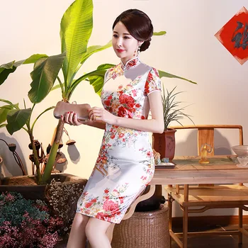 Vintage Cheongsam Poletje Tradicionalne Kitajske Obleke Cvet Tiskanja Kratek Rokav Qipao Mandarin Ovratnik Elegantno Poročno Obleko