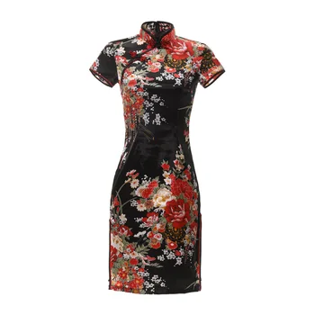 Vintage Cheongsam Poletje Tradicionalne Kitajske Obleke Cvet Tiskanja Kratek Rokav Qipao Mandarin Ovratnik Elegantno Poročno Obleko 4