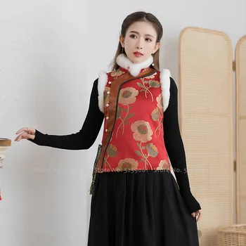 Ženske Kitajski Slog Zimska Oblačila, Telovniki Tang Bo Ustrezala Cheongsam Retro Moda Elegantne Dame Telovnik Tradicionalnih Plašč Brez Rokavov 2